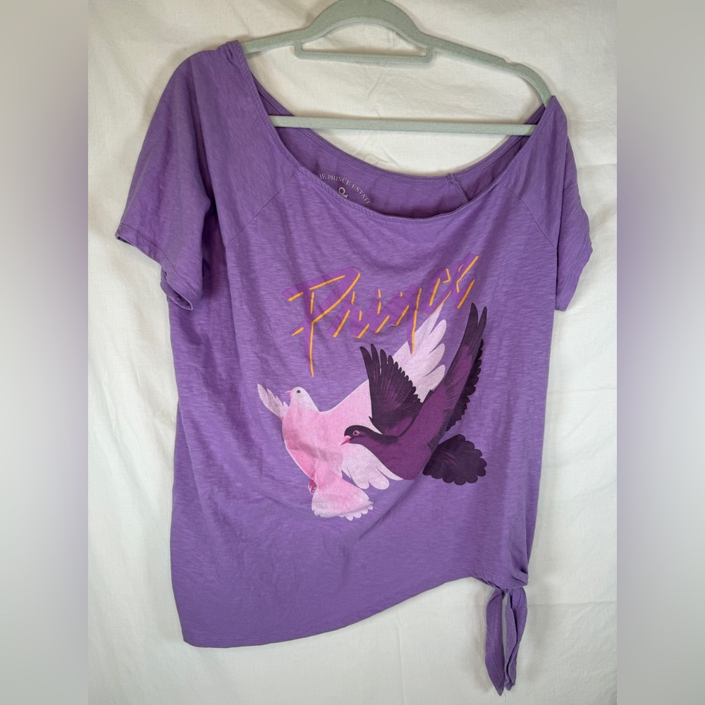 Torrid Prince Off-Shoulder Purple Graphic Tee with Doves Size 1